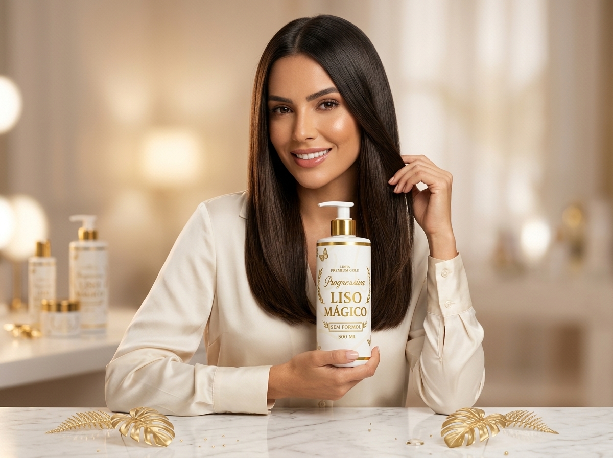 Modelo apresentando o produto Liso Mágico em ambiente de beleza